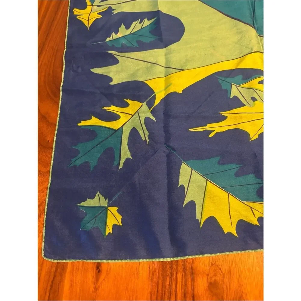 Vintage Vera Leaf Print Silk Scarf in Blue, Teal & Yellow